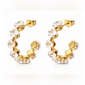 18k Gold Plated Stainless Steel Cubic Zirconia Hoop Earrings - Women Jewelry